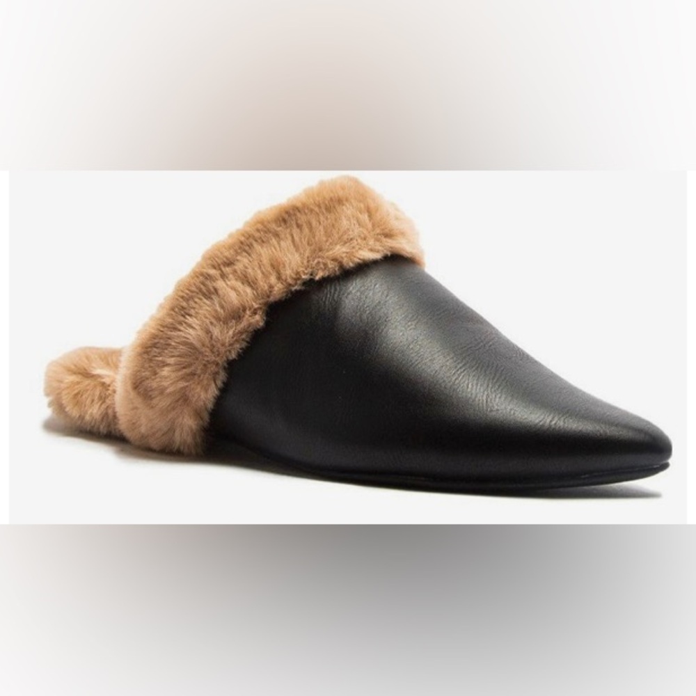 Black Faux Leather Fur-Lined Mules Flats Slides Shoes Lily Shoes Pointed Toe 7